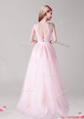 Comfortable V Neck Baby Pink Evening Dress with Appliques and Belt