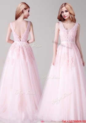 Comfortable V Neck Baby Pink Evening Dress with Appliques and Belt