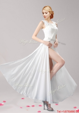 Elegant Scoop Applique High Slit Evening Dress in White