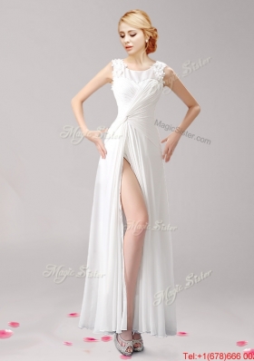 Elegant Scoop Applique High Slit Evening Dress in White