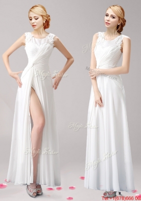 Elegant Scoop Applique High Slit Evening Dress in White