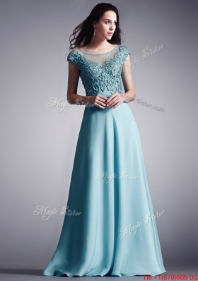 Elegant Scoop Cap Sleeves Applique Evening Dress in Light Blue