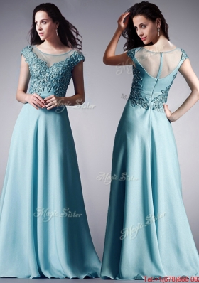 Elegant Scoop Cap Sleeves Applique Evening Dress in Light Blue