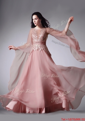 Fashionable Scoop Three Fourth Length Sleeves Pink Evening Dress with Belt and Lace