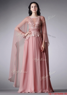 Fashionable Scoop Three Fourth Length Sleeves Pink Evening Dress with Belt and Lace