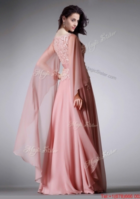 Fashionable Scoop Three Fourth Length Sleeves Pink Evening Dress with Belt and Lace