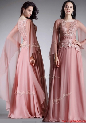 Fashionable Scoop Three Fourth Length Sleeves Pink Evening Dress with Belt and Lace