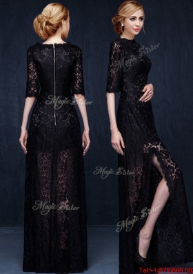 Latest Scoop Half Sleeves Laced High Slit Evening Dress in Black