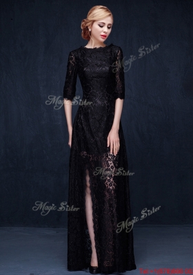 Latest Scoop Half Sleeves Laced High Slit Evening Dress in Black