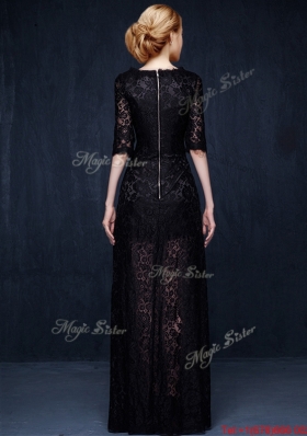 Latest Scoop Half Sleeves Laced High Slit Evening Dress in Black