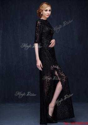 Latest Scoop Half Sleeves Laced High Slit Evening Dress in Black