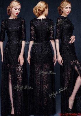 Latest Scoop Half Sleeves Laced High Slit Evening Dress in Black