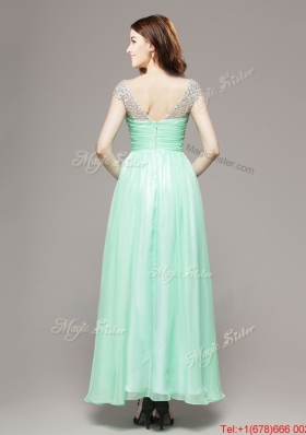 Perfect V Neck Cap Sleeves Beaded Evening Dress in Apple Green for Spring