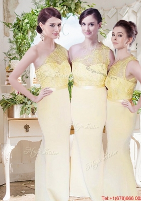 See Through One Shoulder Laced and Belted Evening Dress in Yellow