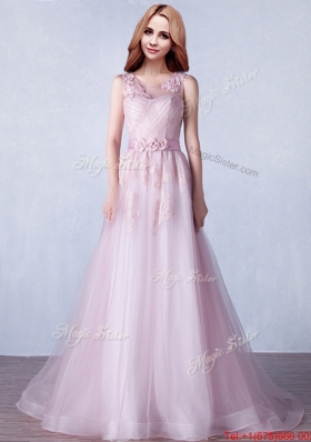 See Through Scoop Applique and Hand Made Flowers Evening Dress with Brush Train