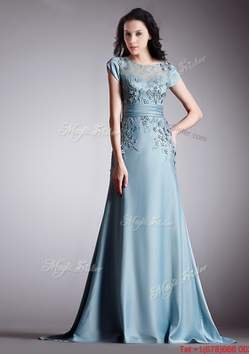 See Through Scoop Cap Sleeves Brush Train Evening Dress with Appliques