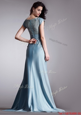 See Through Scoop Cap Sleeves Brush Train Evening Dress with Appliques