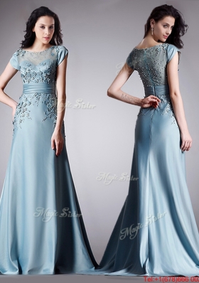 See Through Scoop Cap Sleeves Brush Train Evening Dress with Appliques