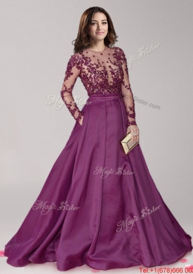 See Through Scoop Long Sleeves Beaded Evening Dress with Brush Train