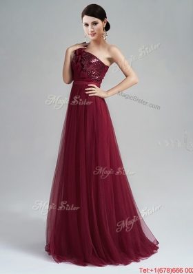 Wonderful One Shoulder Sequined and Belted Burgundy Evening Dress with Brush Train