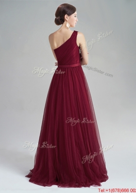 Wonderful One Shoulder Sequined and Belted Burgundy Evening Dress with Brush Train