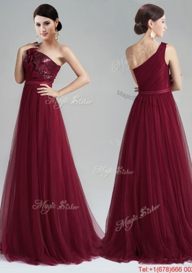 Wonderful One Shoulder Sequined and Belted Burgundy Evening Dress with Brush Train