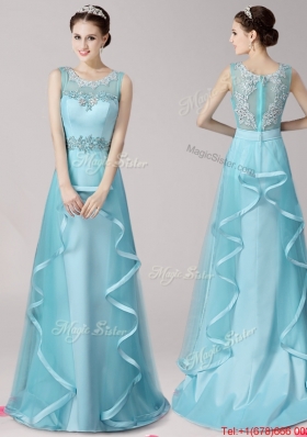 Wonderful Scoop Brush Train Light Blue Evening Dress with Appliques and Ruffles