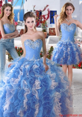 Exquisite Big Puffy Blue and White Detachable Sweet 16 Gowns with Appliques