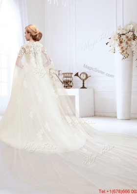 2017 Elegant Applique High Neck Wedding Dress with Brush Train