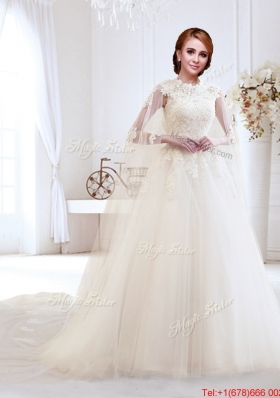 2017 Elegant Applique High Neck Wedding Dress with Brush Train