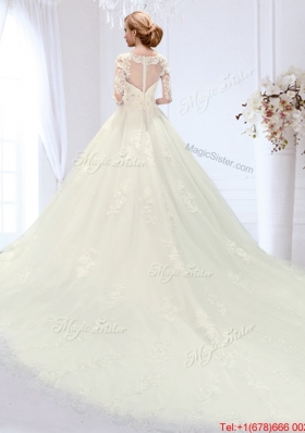 Affordable See Through Zipper Up Beaded Wedding Dress with Court Train