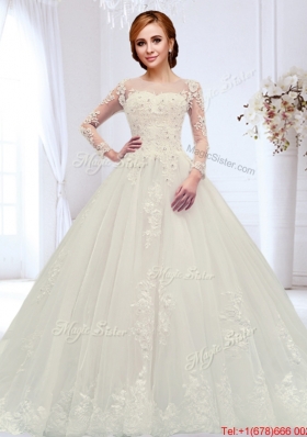 Affordable See Through Zipper Up Beaded Wedding Dress with Court Train