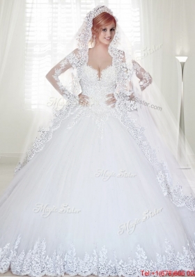 Cheap Long Sleeves Applique and Beaded Wedding Dress with Chapel Train