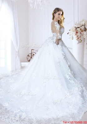 Classical See Through V Neck Long Sleeves Wedding Dress with Appliques