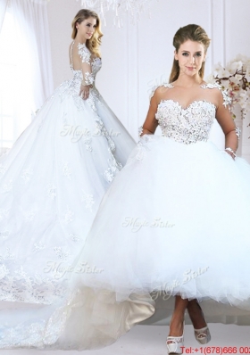Classical See Through V Neck Long Sleeves Wedding Dress with Appliques