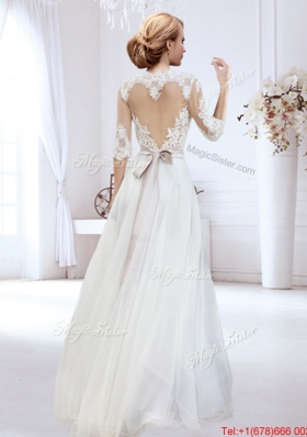 Discount Belted and Laced High Neck Wedding Dress with Side Zipper