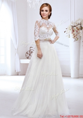 Discount Belted and Laced High Neck Wedding Dress with Side Zipper