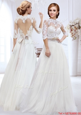 Discount Belted and Laced High Neck Wedding Dress with Side Zipper