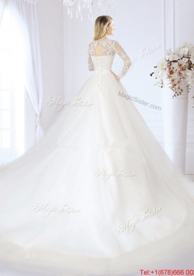 Elegant Beaded and Laced V Neck Chapel Train Wedding Dress in Tulle