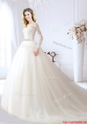 Elegant Beaded and Laced V Neck Chapel Train Wedding Dress in Tulle