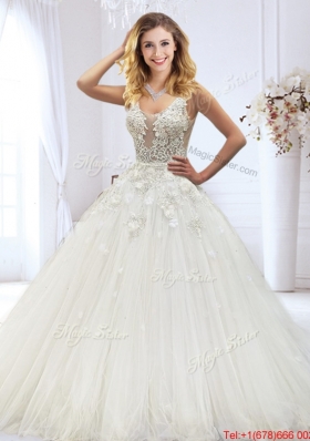 Exclusive Laced and Beaded Wedding Dress with See Through Scoop