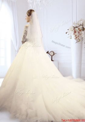 Gorgeous Half Sleeves Off the Shoulder Wedding Dress with Court Train