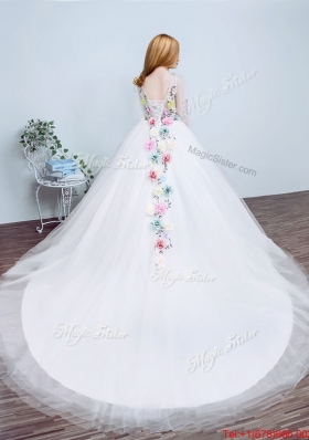 Latest Handmade Flowers and Applique Court Train Wedding Dress with V Neck