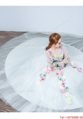 Latest Handmade Flowers and Applique Court Train Wedding Dress with V Neck