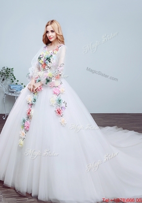 Latest Handmade Flowers and Applique Court Train Wedding Dress with V Neck