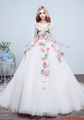 Latest Handmade Flowers and Applique Court Train Wedding Dress with V Neck