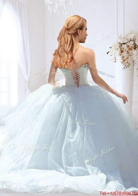 Lovely Big Puffy Beaded Tulle Wedding Dress with Brush Train