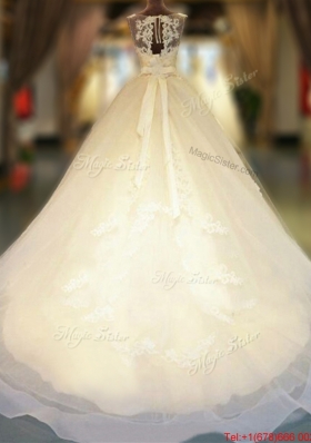 Low Price Open Back Court Train Wedding Dress with Appliques and Bowknot