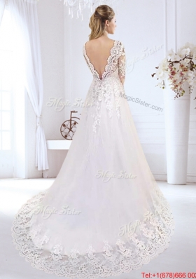 Luxurious Applique and Laced Brush Train V Neck Wedding Dress