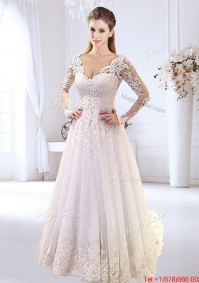 Luxurious Applique and Laced Brush Train V Neck Wedding Dress